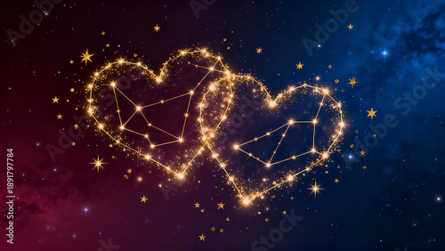 Two Interconnected Heart Constellations Glowing in a Deep Night Starry Sky