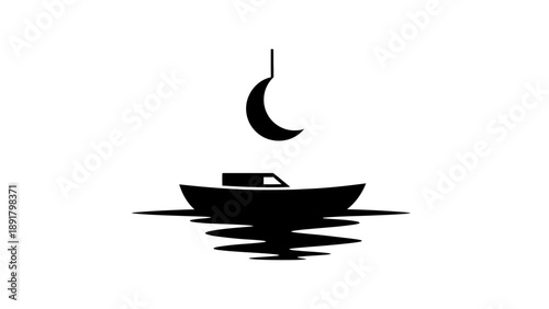 a black silhouette of a boat on water under a crescent moon.