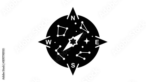 Black and white compass with constellations and stars.