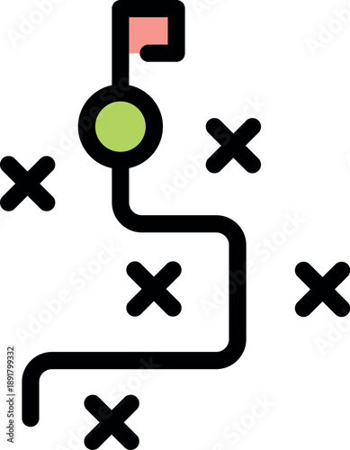 Strategic planning icon representing a path leading to a goal, avoiding obstacles symbolized by crosses, achieving success