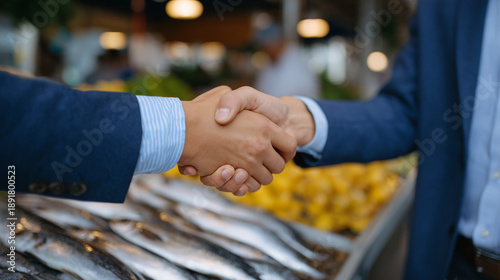 Business handshake at a fresh fish market stall, premium seafood laid out below, natural light, small business and supply chain concept