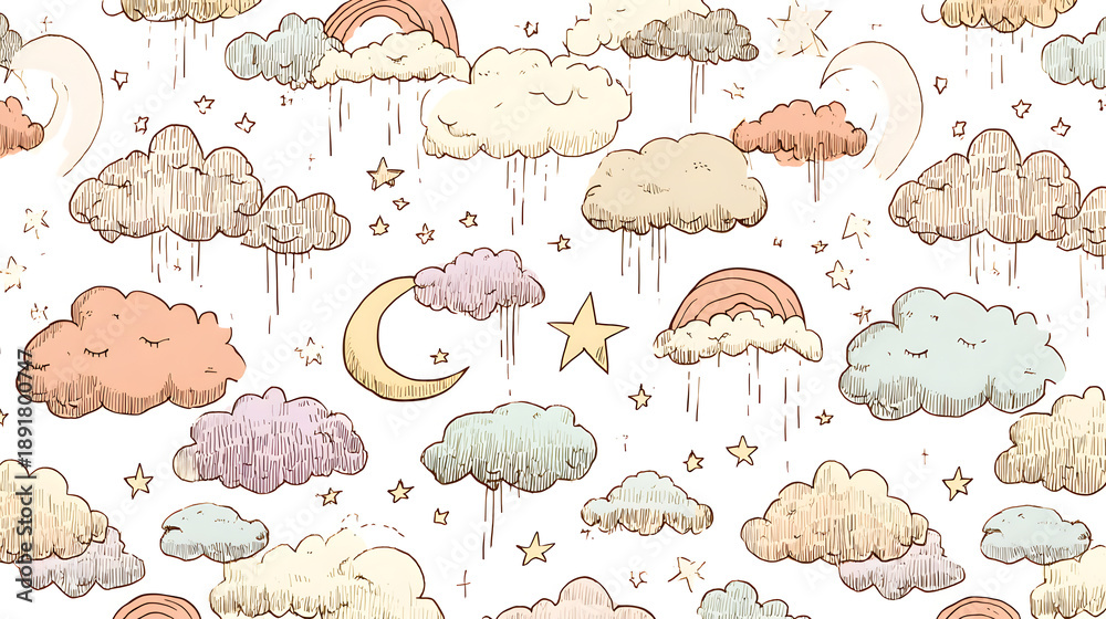 Naklejka premium Whimsical clouds, crescent moons, and stars in pastel colors