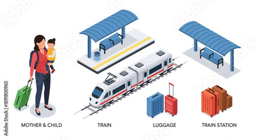 Isometric illustration of a mother child train and station with luggage
