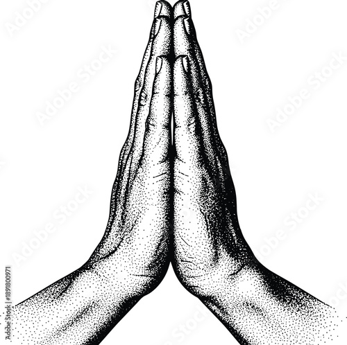 Praying hands illustration in black and white, detailed halftone engraving style symbolizing faith, spirituality, meditation, hope, and devotion concept