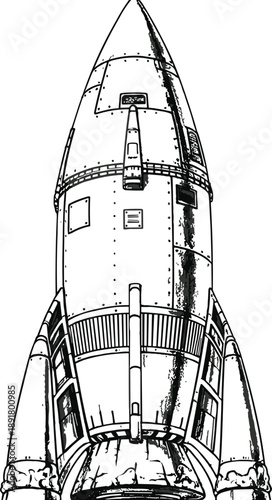 Retro rocket ship illustration in black and white, vintage space exploration spacecraft design with detailed line art, science fiction concept