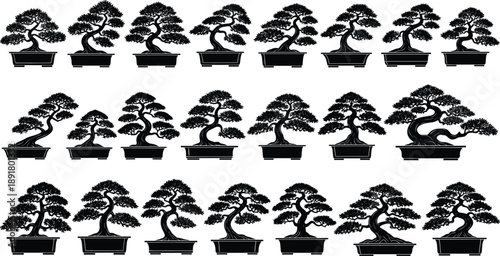 Bonsai tree silhouette collection in black and white, elegant miniature Japanese trees i