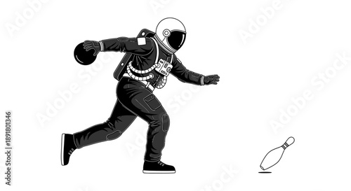An astronaut is playfully bowling in a surreal isolated space