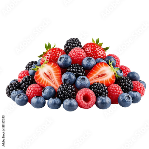 Pile of fresh mixed berries including strawberries, blueberries, raspberries, and blackberries, healthy and vibrant.