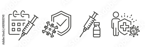 Vaccination set icons, contains such as vaccination calendar, dose, patient protect, fight against the virus, line art vector