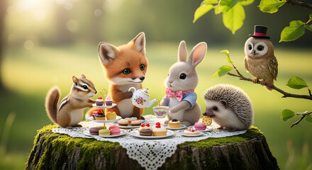 Adorable woodland animals having tea party on tree stump at sunset  