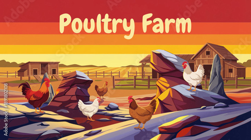 Free range poultry farm illustration vector with chickens outdoors, highlighting ethical farming, egg production, and sustainable livestock agriculture.