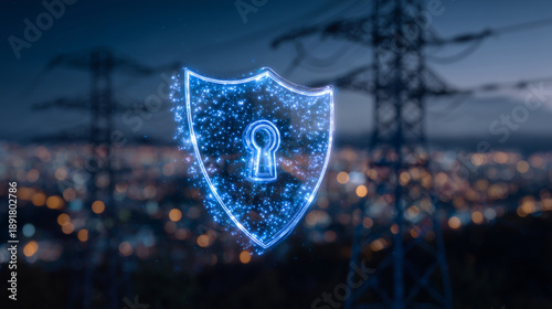 Close-up of glowing digital shield lock hovering over electrical towers, cyber security interface overlay, neon blue energy protection symbols, futuristic power grid defense concep