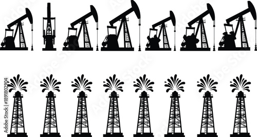 Oil Pumpjack and Drilling Rig Silhouette Collection with Petroleum Industry Extraction Equipment Icons for Energy, Gas, and Industrial Design