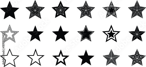 Set of black star icons and decorative star silhouettes in various styles isolated on white background for rating, decoration, symbols, and design use