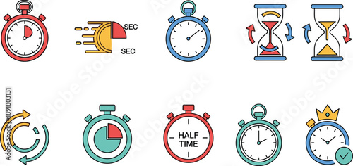 Time Management Stopwatch and Timer Icons Collection with Countdown Hourglass Progress Indicators for Productivity Vector Illustration Business Planning Tools