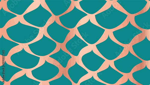 Repeating pattern of copper colored fish scales on teal background.