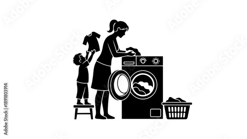 Mother and child doing laundry together.