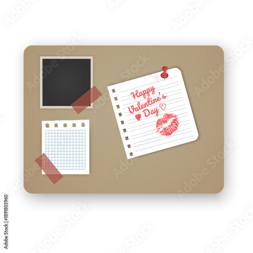 Cork board  with torn paper note with a "Happy Valentine's Day" message, a pink lipstick kiss mark, and a red pushpin. Realistic bulletin board texture with soft shadows, perfect for romantic mood boa
