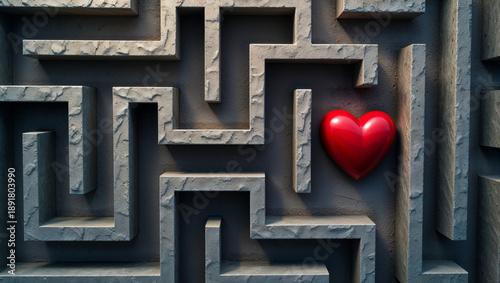 A heart-shaped object sits at the end of a complex maze on Valentine's Day, symbolizing the challenges and rewards of love and personal growth in life