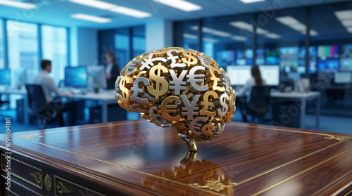 A representation of financial intelligence features a brain crafted from various currency symbols placed on a wooden desk in a contemporary office environment. Professionals work in the background