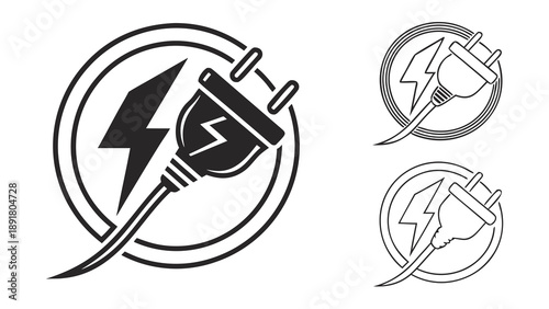 Three circular icons illustrate an electrical plug connected to a lightning bolt, signifying power connection and energy supply.