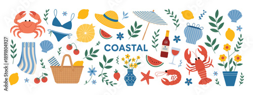 Mediterranean Summer Vacation Illustration Set Featuring Italian Holiday Elements, Hand Drawn Lemons, Seafood, Lobster, Shrimp, Olives, Shells, and Cocktails for Coastal Cards, Prints, and Wedding Inv