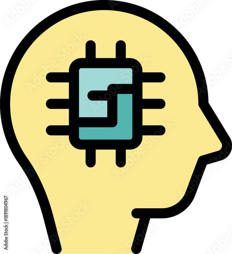 Stylized human head profile containing a microchip, symbolizing artificial intelligence and technological advancement