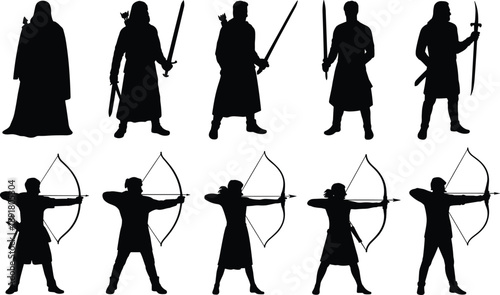 Collection of medieval warrior and archer silhouettes holding swords and bows, isolated on white background, historical fantasy fighters illustration set