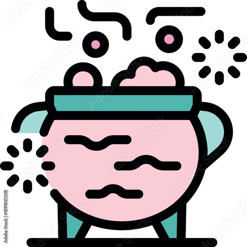 Pink witch cauldron brewing magic potion, with smoke and bubbles