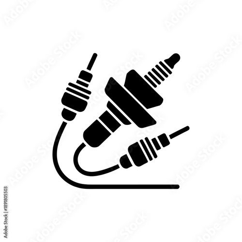 Spark Plug with Ignition Cable and Lightning Bolt Icon. A bold black silhouette icon illustrating a spark plug connected via a cable to an electrical connector, possibly a battery terminal. 