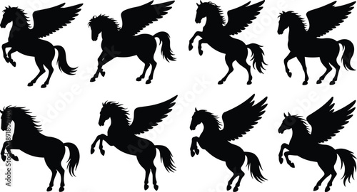 Collection of winged horse silhouettes in flying and rearing poses, isolated on white background, mythical pegasus fantasy creature illustration set