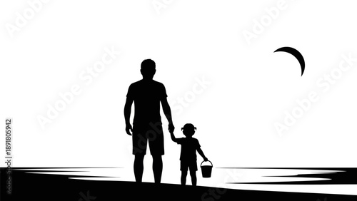 Silhouette of a man and child walking together on the beach.