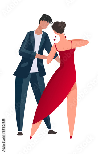 Elegant Latin Dance Couple in Red Dress and Black Suit Dancing Tango, Modern Ballroom Vector Illustration