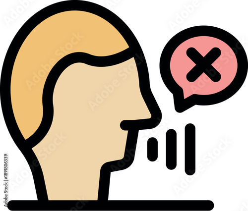 Man saying no, stop talking, silence, quiet please, crossed out speech bubble icon