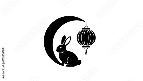 Rabbit sitting on crescent moon with Chinese lantern.