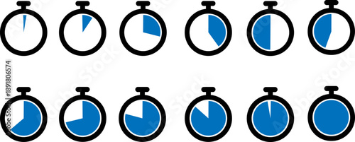 Stopwatch timer clock icons set with different time countdown and downtime