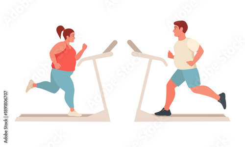 Family workout on a treadmill. An overweight man and a woman running on a treadmill. Flat style.
