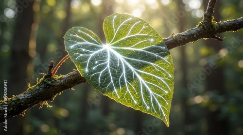 Green leaf with heart shaped water drop macro