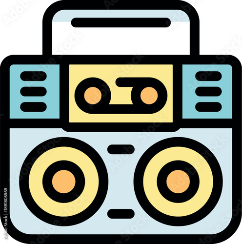 Colorful retro boombox illustration featuring a cassette tape