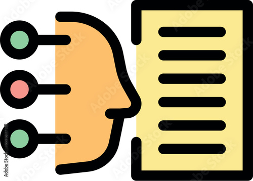 Stylized human head processing information, with data points connecting to a document symbolizing data analysis and interpretation