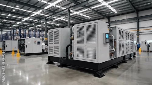 Industrial diesel generator in a warehouse with a control panel