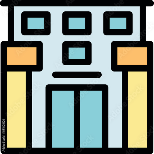 Architectural vector icon depicting a modern building with sliding doors, windows and pillars, symbolizing urban development and contemporary design