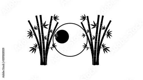 Black and white illustration of bamboo plants surrounding a yin yang symbol.