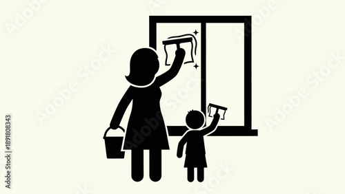 Mother and child cleaning window together.