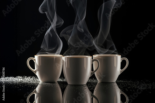 A ceramic coffee set is arranged perfectly on a black glossy table, with steam rising and creating subtle holographic patterns, forming an elegant and stylish coffee scene.