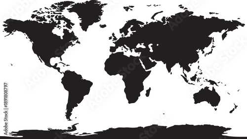 Black and white silhouette of the Earth's continents and Antarctica on a white background
