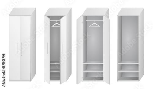 Minimal wardrobe cabinet vector set with open closed and interior views