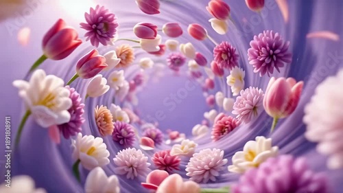 Magical Flower Tunnel with Pink, White and Purple Blooms Floating in Soft Lavender Vortex, Dreamy Spring Fantasy Animation