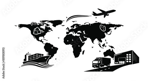 Global logistics and transportation concept with world map and shipping icons, international delivery and supply chain management