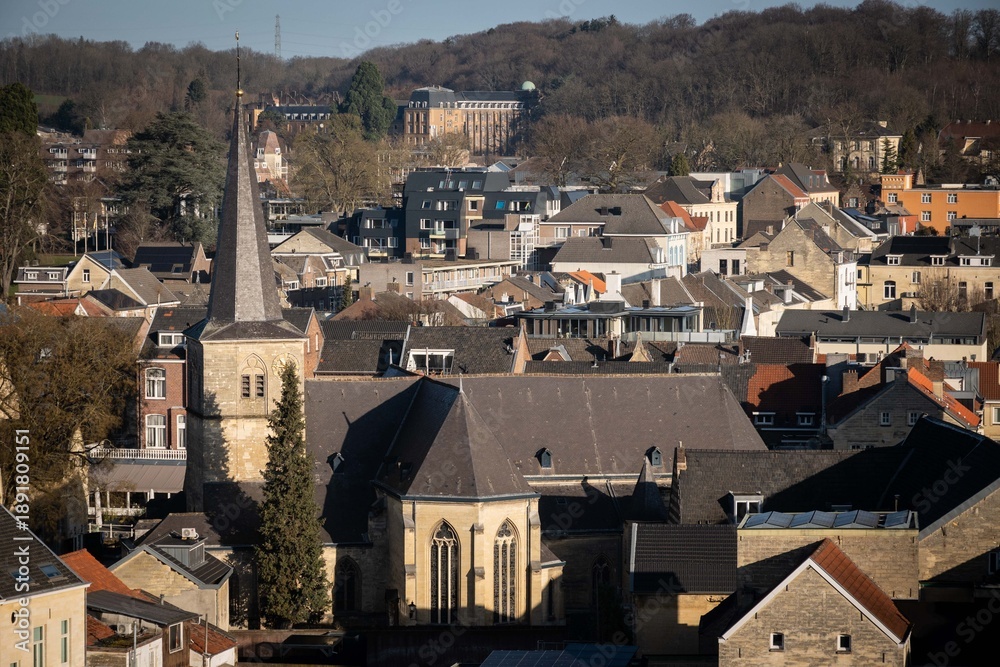 Fototapeta premium rooftop view of Mariakapel chapel in center of Valkenburg in Dutch South Limburg, the Netherlands. landmark historic religious building 